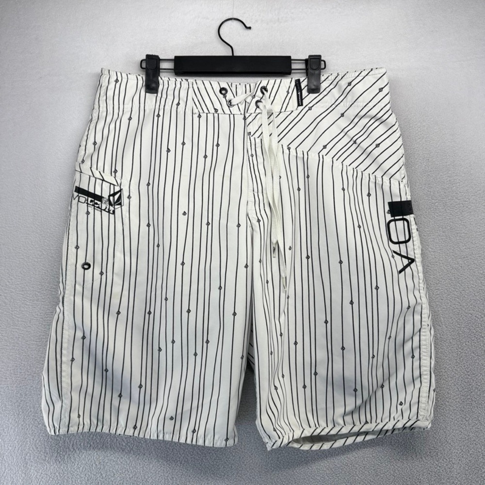 Vintage Volcom Board Shorts Mens 36 White Striped Mod Tech Surf Swim Trunks y2k